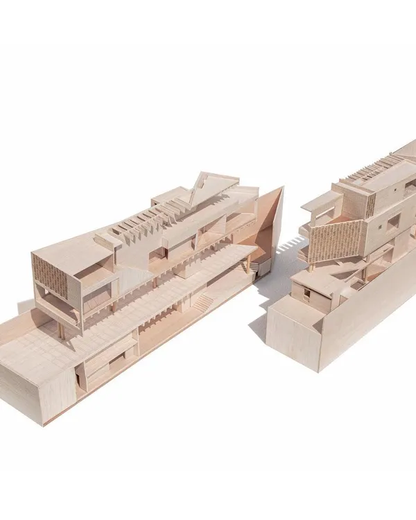 A detailed section model of a private office project in Hyderabad, which we call Office A. Physical models are one of our favorite tools for studying the complex interplay of space, light, and material.