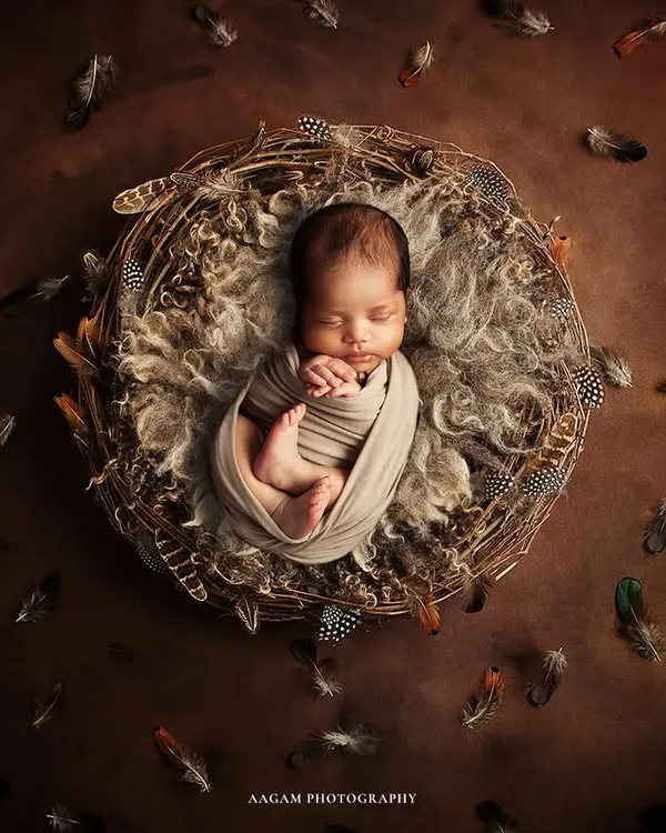 A miracle of new beginnings. This artistic setup with a nest and delicate feathers creates a beautiful, symbolic portrait of your newborn, safely swaddled and dreaming peacefully.