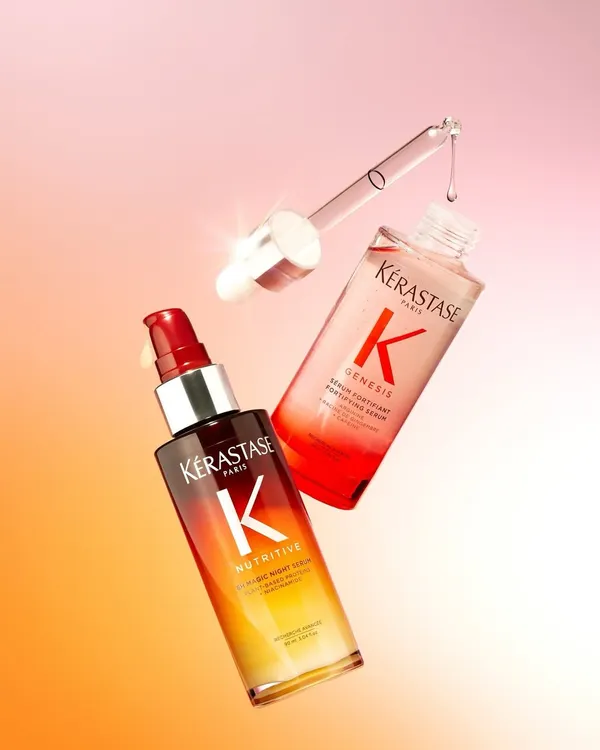 A powerful duo from Kérastase. The Genesis serum fortifies weakened hair to prevent fall, while the Nutritive 8H Magic Night Serum deeply nourishes your hair while you sleep.