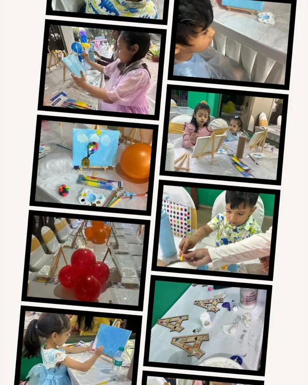A collage of happy moments from a kids' art party. From painting rainbows to creating their initials, I offer a variety of fun projects to make any birthday a creative blast.