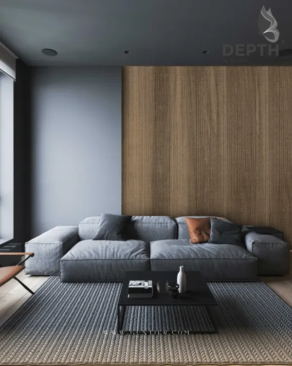 A minimalist living room is given warmth and texture with a single, large feature panel of my textured wood veneer. It acts as a piece of art, grounding the space.