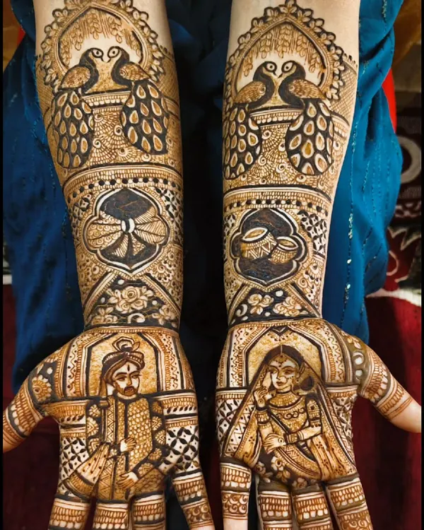 A royal wedding story told through mehndi. This design features classic Raja and Rani portraits, symbolizing the bride and groom, along with other traditional wedding ceremony elements like diyas and peacocks.