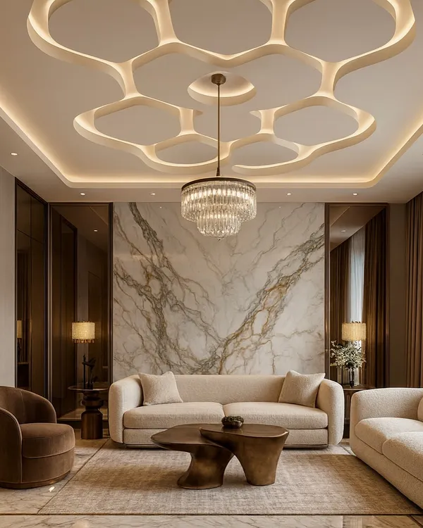 This living room features a honeycomb-patterned gypsum false ceiling with backlit LED strips. The design adds a unique geometric element and works perfectly with the modern chandelier and marble accent wall.