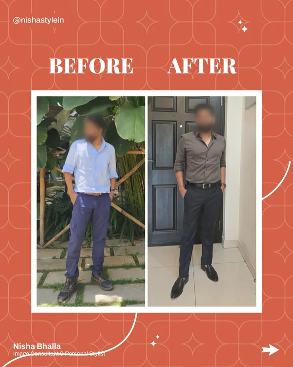 Before & After: A powerful transformation from a casual, ill-fitting look to a sharp, polished, and confident presence. This is the power of understanding fit, color, and silhouette.