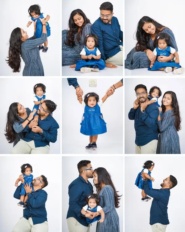 This collage is a great example of the variety we can achieve in a single studio family photoshoot. From playful lifts to classic poses, we capture all the different sides of your family's love. The coordinated blue outfits worked beautifully.