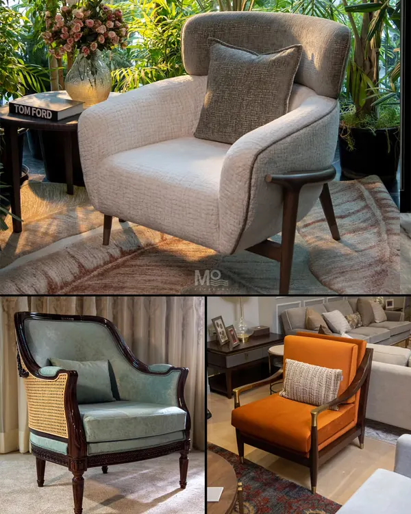 A collage showcasing the diversity of our armchair collection. From the mid-century inspired wingback to the classic form with cane detailing, each piece is designed with sculptural silhouettes and timeless proportions to redefine the art of seating.