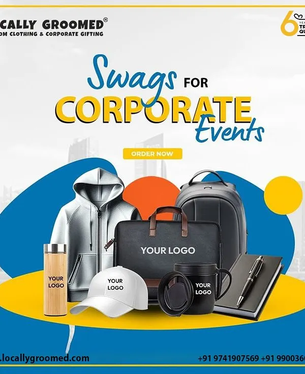 A promotional graphic showcasing a variety of swag for corporate events. This includes a hoodie, backpack, laptop bag, water bottle, cap, and mug, all ready to be customized with your logo.