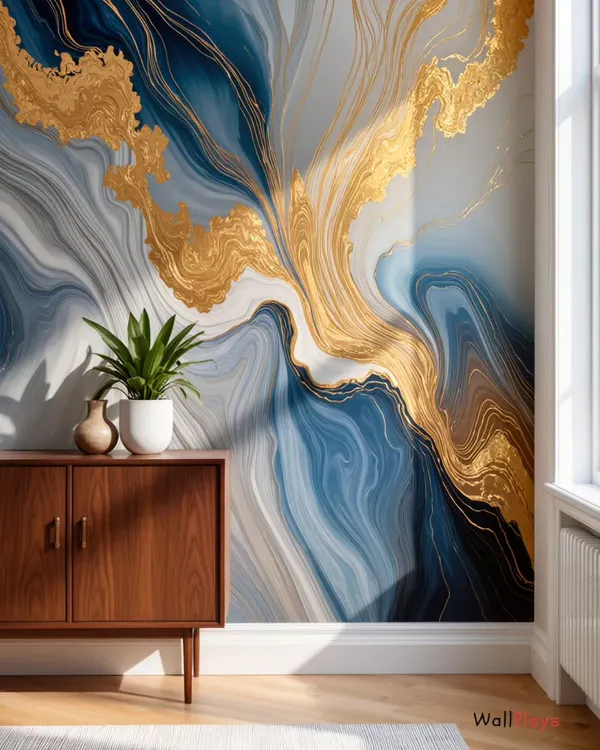 This blue and gold marble-effect wallpaper brings a touch of luxury and sophistication to any room. I installed this as a feature wall in a living room, creating a modern and classy focal point. It's a great example of how to get a high-end stone finish without the cost and complexity of real marble.