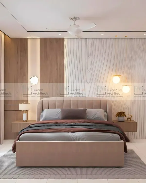 This master bedroom is a perfect example of textural play. The feature wall combines a section of wood grain with a larger panel of grooved white laminate, creating a dynamic yet soothing backdrop for the upholstered bed.