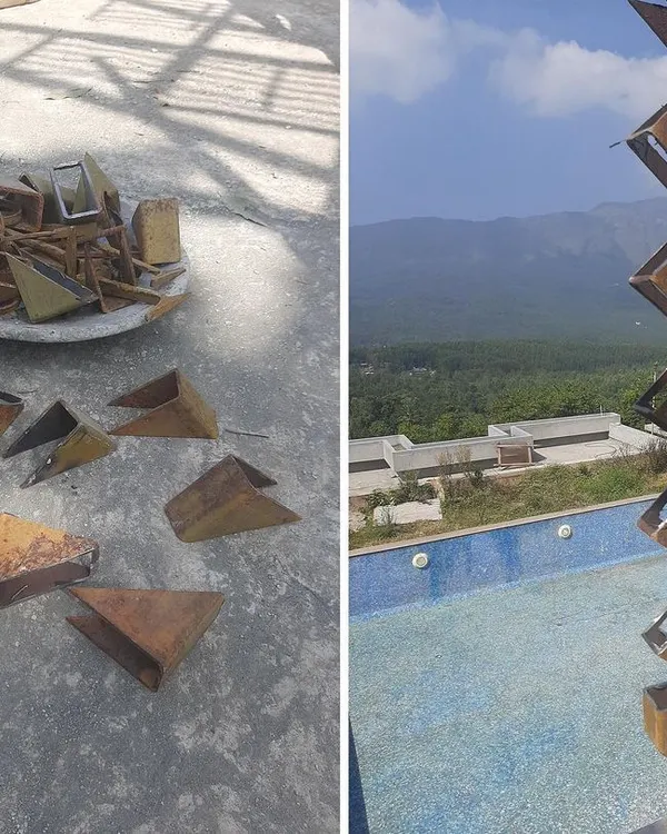 We see potential where others see waste. This split view shows our process: on the left, discarded metal scrap, and on the right, the finished, elegant rain chain it became for a boutique hotel in Chikmagalur.