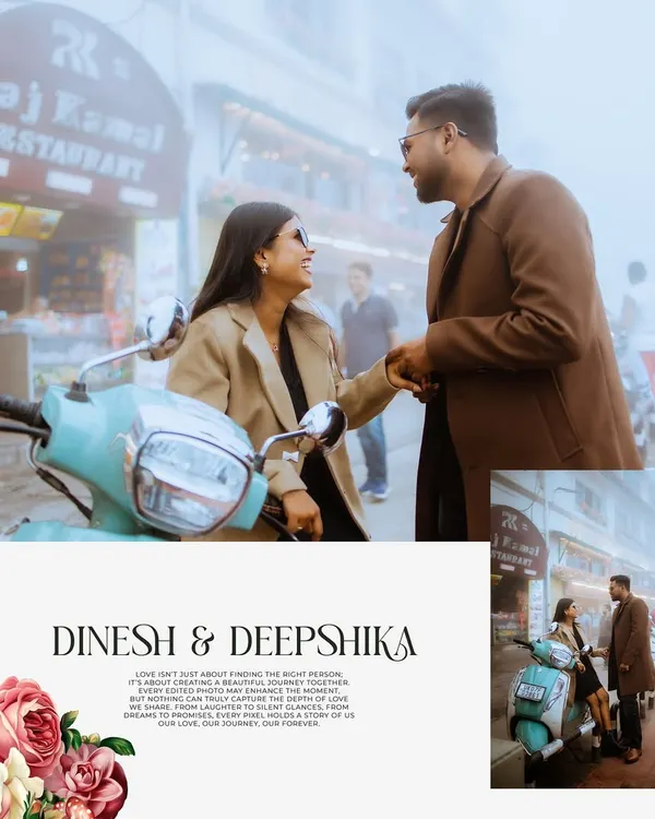 A sample album layout from a Mussoorie pre-wedding shoot, combining a hero shot with a smaller inset and elegant text.