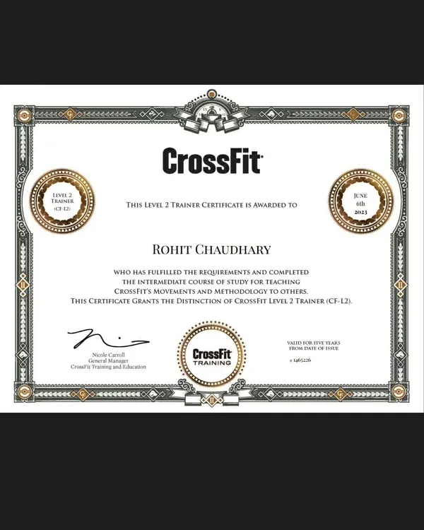 My official CrossFit Level 2 Trainer Certificate. Earning this was a dream, a culmination of 5 years of dedication after leaving the corporate world to pursue my passion for coaching.