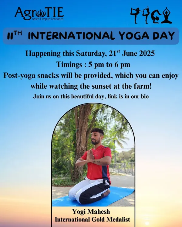 Our official poster for the International Yoga Day celebration. We invite everyone to join us for an evening of mindful movement, fresh air, and healthy food to nourish the body and soul.