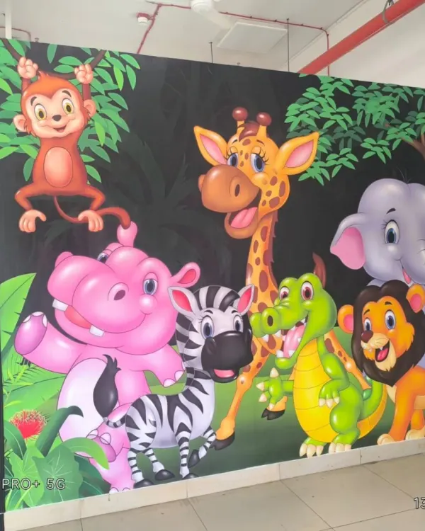 A vibrant jungle animal cartoon mural, perfect for a playroom or daycare. The bright colors and friendly characters create a fun and engaging environment for children.