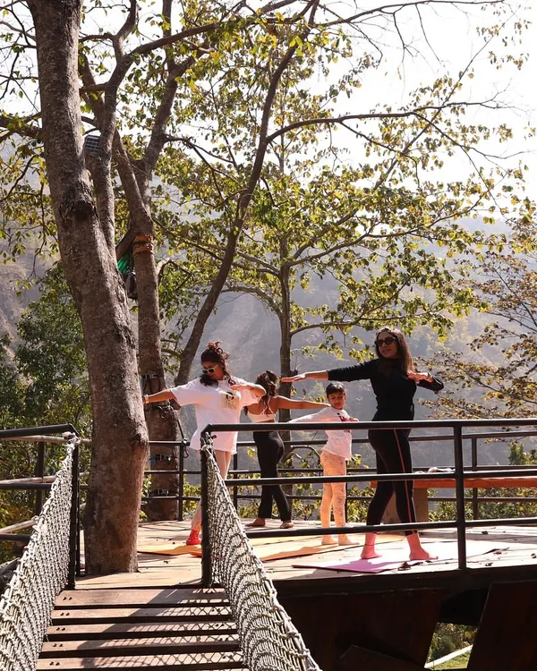 Guiding a pranayama session on a beautiful platform nestled among the trees in Rishikesh. Practicing with the Himalayas in the background and the sound of the Ganga river below is a truly special experience.