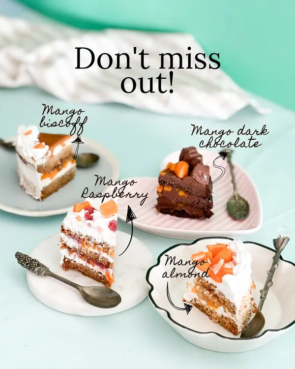 Have you tried my mango cakes yet? This graphic showcases some of my favorite mango combinations: Mango Biscoff, Mango Dark Chocolate, Mango Raspberry, and Mango Almond.