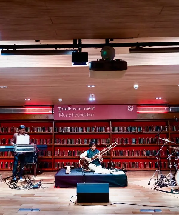 This is my fusion band 'Urja' performing at the Total Environment Music Foundation. The setup includes sitar, keyboards, tabla, and drums, creating a rich, multi-layered sound.