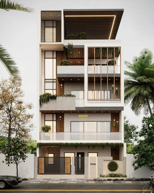 This 3D visualization showcases the exterior of an upcoming residence in Noida. The design is a symphony of clean lines and minimalism, featuring High-Pressure Laminate (HPL) cladding and large glazed windows for a sleek, modern look.