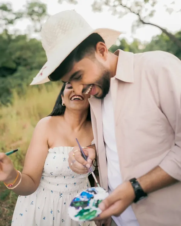 Their love story is a work of art, and for their pre-wedding shoot in Goa, we brought that metaphor to life. Here they are, painting their canvas, their laughter echoing more than the waves.