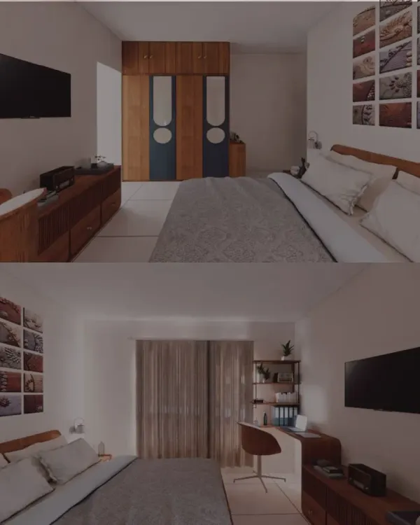 This collage shows different views of a compact bedroom at the Shekhar Patil residence. By using custom-built furniture and a light color palette, I created a space that feels both functional and serene, with dedicated zones for sleeping and working.