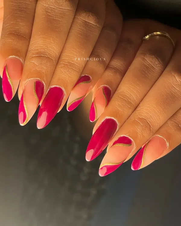 I'm obsessed with this shade of magenta. This abstract design features bold swirls of color with a delicate gold line accent for a modern and artistic look.