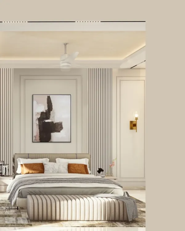 A tranquil master bedroom featuring a soft, neutral palette and layers of texture. The fluted details on the wall and bench, combined with subtle cove lighting in the ceiling, create a serene and sophisticated atmosphere.