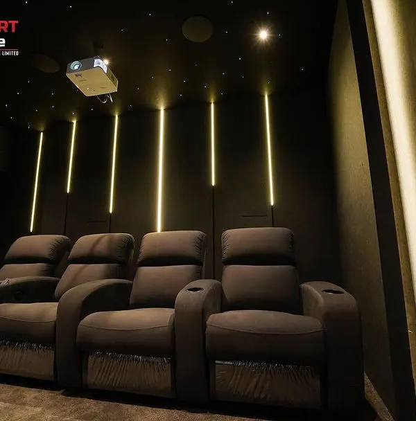 The vertical LED lighting in this Chennai cinema creates a dramatic and futuristic effect, perfectly complementing the dark, modern design.