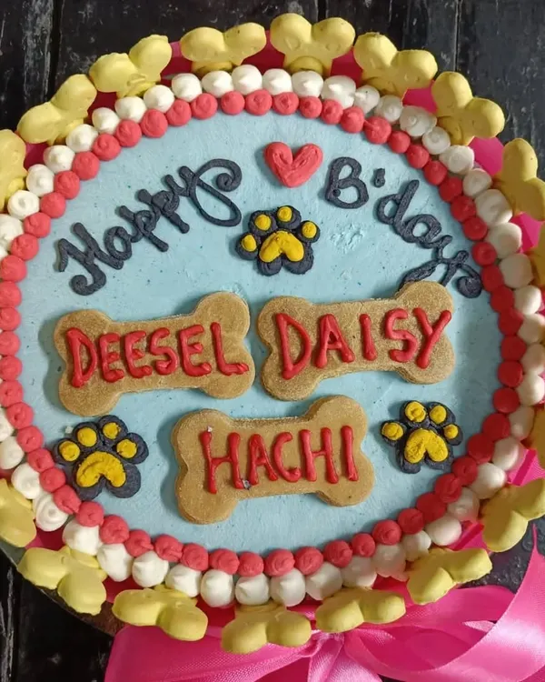 A beautifully decorated custom birthday cake for a joint celebration for Deesel, Daisy, and Hachi. I work with the best pet bakeries to create these delicious and safe centerpieces for any party.