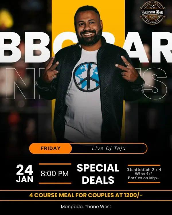 A flyer for one of my regular Friday "BBC Bar Nights" at Brunch Bar Cafe in Thane, advertising special deals to draw in the crowd.