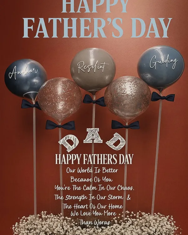 A heartfelt tribute to Dad. This custom acrylic board features personalized balloons describing him as our "Anchor," "Resilient," and "Guiding" force, all set in a bed of baby's breath.