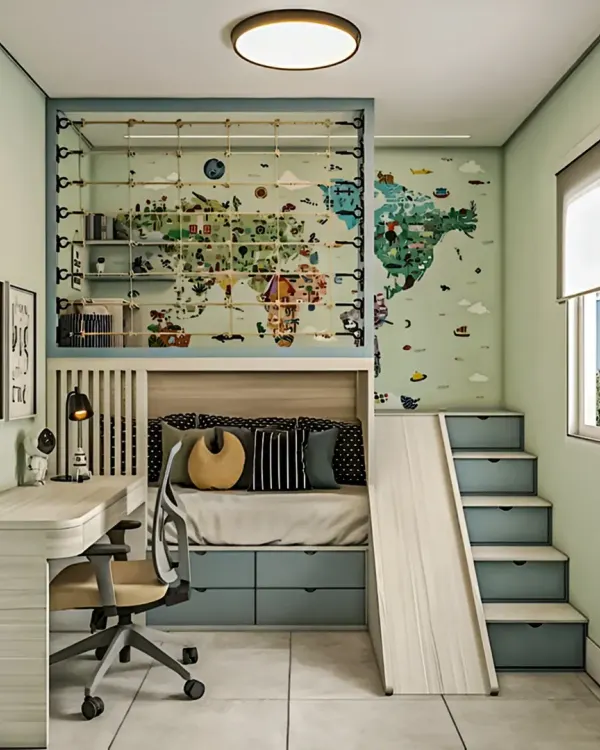 We believe a child's room should be a world of its own, blending fun and function. This design features a custom loft bed with integrated storage, a dedicated study desk, and playful elements like a slide and a world map wall, creating a space that inspires both learning and adventure.
