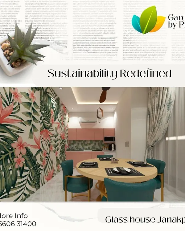 This dining space in a Janakpuri glass house shows our flair for creating vibrant, themed interiors. The tropical wallpaper, blush pink kitchen, and teal chairs come together to form a cohesive and inviting atmosphere.