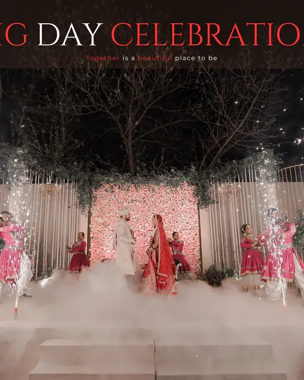 We frame your big day celebration to look as grand as it feels. Here, we captured the couple's Varmala ceremony on an elevated stage, using smoke and pyrotechnics to create a truly cinematic and unforgettable wedding moment.
