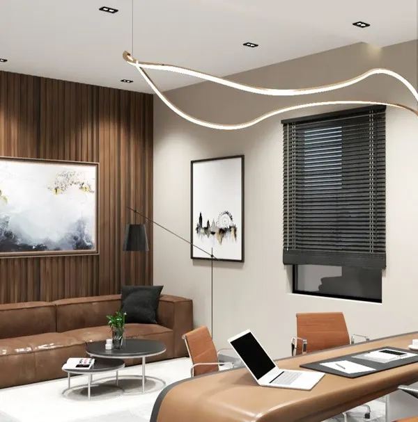 A modern MD cabin where elegance meets function. This 3D render highlights a custom-designed desk, a comfortable leather sofa for informal meetings, and a feature wall with wood paneling, creating a sophisticated and powerful executive space.