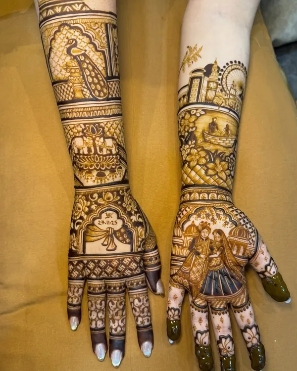 This is the full mehndi design for the groom, Bhavin. It tells his story, including London where he met his bride, a yacht, their engagement, and Ram-Sita for blessings.