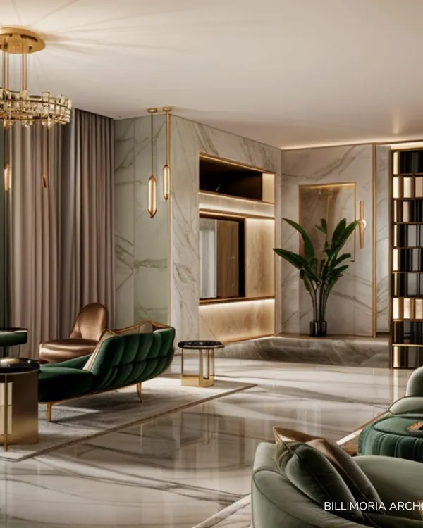 This living room combines luxurious materials like polished marble floors and rich green velvet with warm wood and brass accents. The result is a space that feels sophisticated, modern, and deeply comfortable.