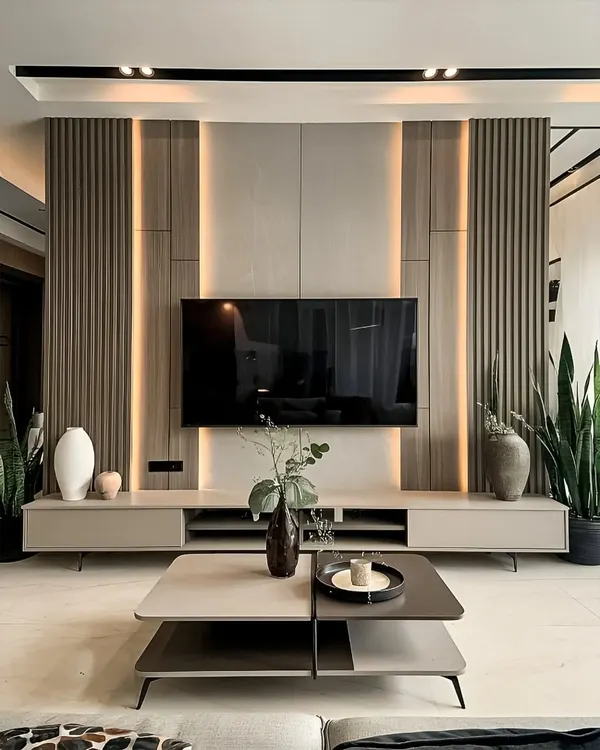 A modern TV unit with fluted wood panels and integrated vertical lighting. The low console provides storage, while the back paneling adds texture and a sophisticated focal point to the living room.