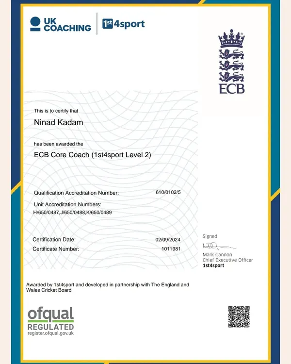 We are proud to announce that our Head Coach, Ninad Kadam, is now ECB Level 2 certified. This commitment to continuous learning ensures we bring world-class coaching techniques to our players right here in Mumbai.