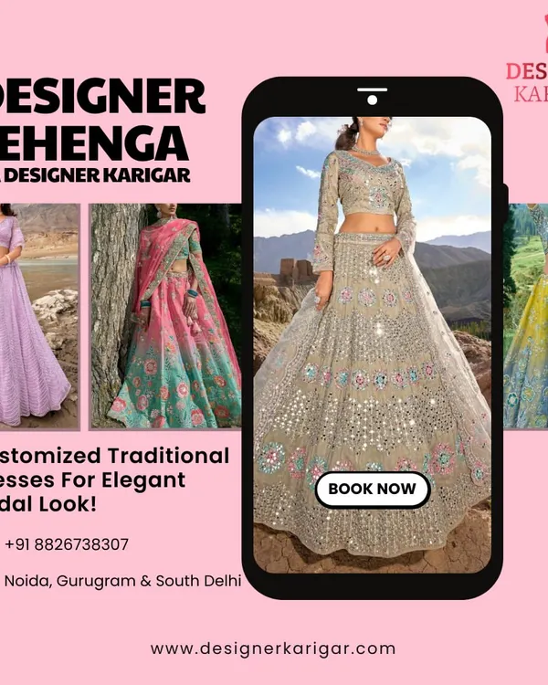 An elegant collage of designer lehengas we can customize for your bridal look. We serve Noida, Gurugram, and South Delhi, bringing your dream wedding outfit to life.