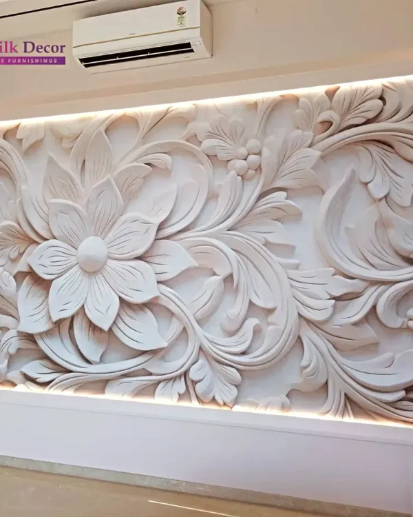 This backlit 3D floral mural is the epitome of luxury wall art. The intricate, embossed white flowers create a stunning sculptural effect, adding depth and sophistication to this living space. It is a statement piece crafted from premium, imported materials.