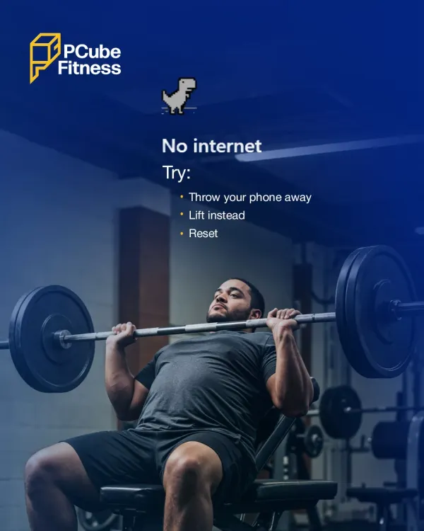 A graphic reminding you to ditch the phone and lift instead, featuring a man performing an incline barbell press.