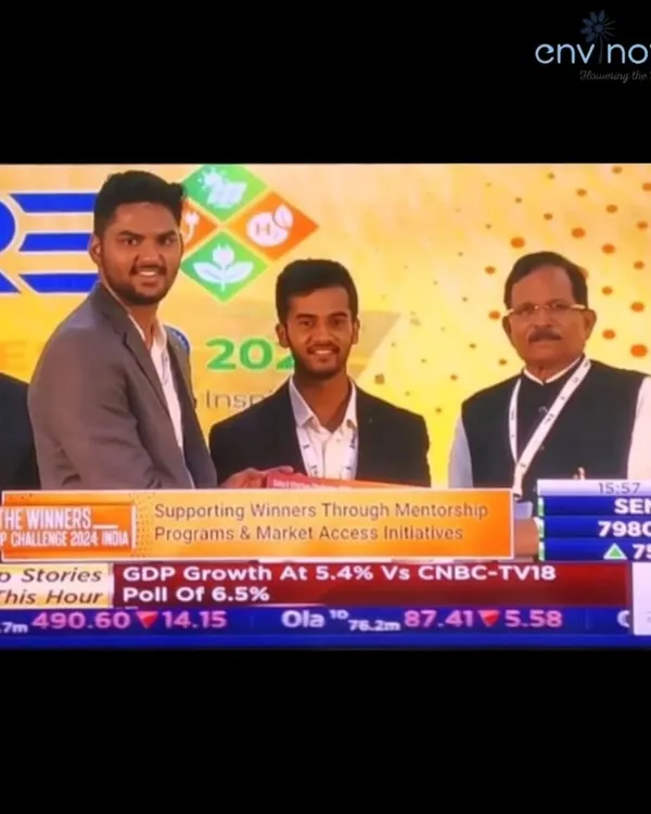 A screenshot from a CNBC broadcast showing our team being recognized as a winner of the SolarX Startup Challenge. Being featured on a national news channel provided a platform to share our mission with a wider audience.