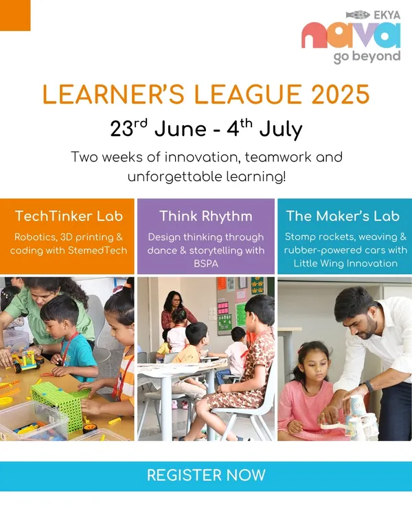 The Learner's League is our flagship summer program, offering two weeks of innovation and teamwork. This collage showcases the three core labs: TechTinker, Think Rhythm, and The Maker's Lab, providing a holistic learning experience.