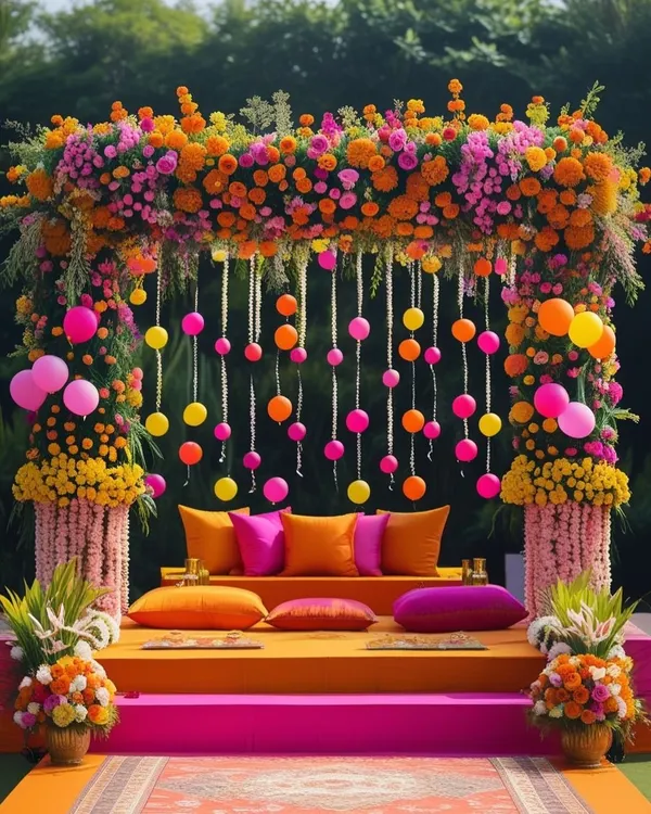 A stunning outdoor Mehendi stage bursting with color, featuring a canopy of marigolds and roses, hanging decorations, and a comfortable seating area.