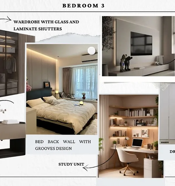 Every project starts with a mood board. This one for a bedroom shows the proposed design elements, including a wardrobe with glass shutters, a study unit, and a bed back wall with a groove design, all in a minimalist, contemporary style.