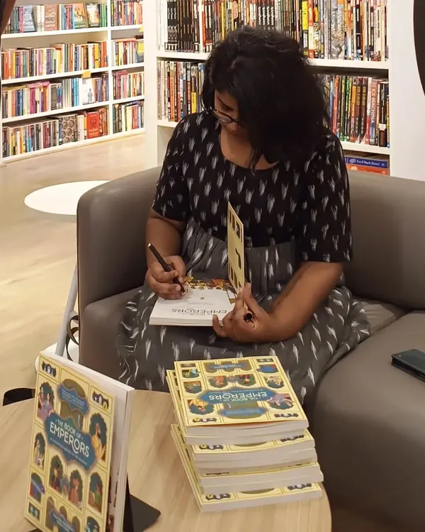Author Ashwitha Jayakumar signing copies of her fascinating book, "The Book of Emperors." We love giving readers the chance to get their books personalized.
