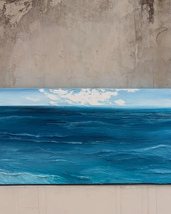 A close-up of a custom seascape painting that was shipped to Kolkata. I use thick layers of acrylic paint to create the texture of the waves and the clouds.