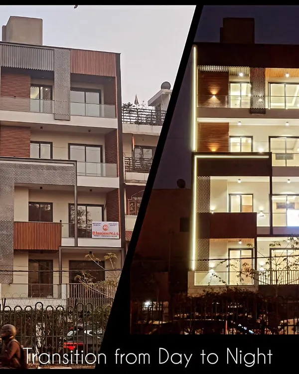 This split-screen view demonstrates the dramatic transformation of a residential facade from day to night. We use strategic architectural lighting to accentuate the clean lines, wooden charcoal panels, and MS screens, ensuring the building's aesthetic is powerful around the clock.