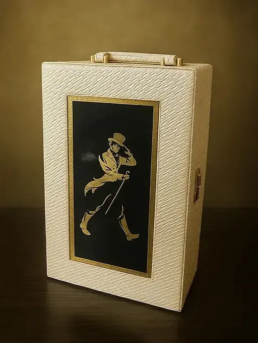 The closed view of the elegant Johnnie Walker Collector's Bar Kit. The textured cream-colored case features the iconic striding man logo, making it a statement piece even before it's opened.