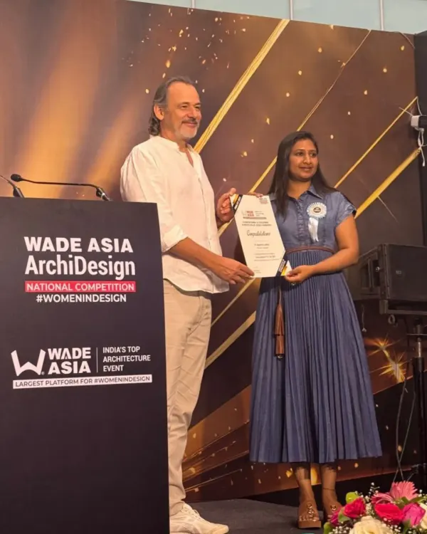 I was honored to be recognized as a Finalist for Young Architect of the Year 2025 at WADE Asia, India’s largest platform for Women in Architecture & Design. Here I am accepting the certificate on stage.
